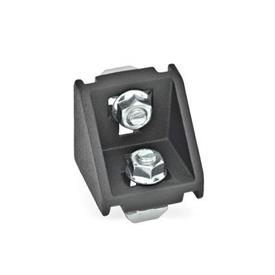 GN 960 Aluminum Angle Brackets, for 30/40/45 mm Profile Systems, for Slot Widths 8 / 10 mm, Assembly with T-Slot Nuts / T-Slot Bolts Type of angle piece: C - With assembly set, without cover cap<br />Finish: SW - Black, RAL 9005, textured finish