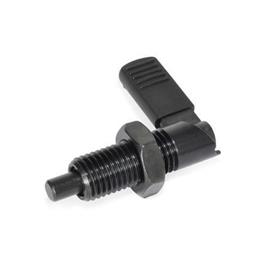 GN 721.1 Steel Cam Action Indexing Plungers, Lock-Out, with 180° Limit Stop Type: RBK - Right hand limit stop, with plastic sleeve, with lock nut