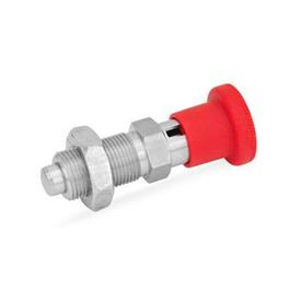GN 817 Stainless Steel Indexing Plungers, Lock-Out and Non Lock-Out, with Multiple Pin Lengths, with Red Knob Material: NI - Stainless steel<br />Type: CK - Lock-out, with lock nut<br />Color: RT - Red, RAL 3000