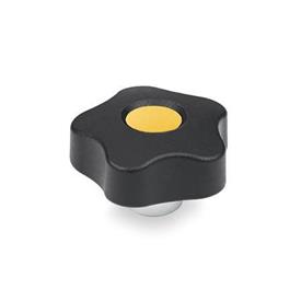 EN 5337.1 Technopolymer Plastic Five-Lobed Knobs, with Protruding Steel Hub, Tapped Blind Bore Type: E - With cover cap (tapped blind bore)<br />Color of the cover cap: DGB - Yellow, RAL 1021, matte finish