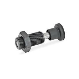 GN 313 Steel Spring Bolts, Plunger Pin Retracted in Normal Position Type: AK - With knob, with lock nut<br />Identification no.: 1 - Pin without internal thread