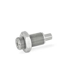 GN 313 Stainless Steel Spring Bolts, Plunger Pin Retracted in Normal Position Material: NI - Stainless steel<br />Type: DK - Without knob, with lock nut<br />Identification no. : 2 - Pin with internal thread