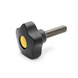 EN 5337.7 Technopolymer Plastic Five-Lobed Knobs, with Stainless Steel Threaded Stud Color of the cover cap: DGB - Yellow, RAL 1021, matte finish