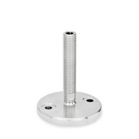 GN 23 Inch Thread, Stainless Steel Leveling Feet, Tapped Socket or Threaded Stud Type, with Turned Base, with Mounting Holes Type (Base): D0 - Fine turned, without rubber pad<br />Version (Stud / Socket): U - Without nut, internal hex at the top, wrench flat at the bottom