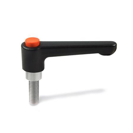 GN 304.1 Zinc Die-Cast Straight Adjustable Levers, with Push Button, Threaded Stud Type, with Stainless Steel Components 