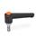WN 304.1 Manettes indexables droites en plastique, avec bouton-poussoir, de type goujon fileté avec composants en inox Poignée Color: SW - Noir, RAL 9005, finition texturée
Push Button Color: O - Orange, RAL 2004