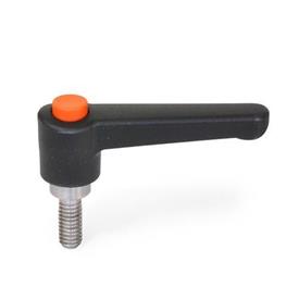 WN 304.1 Nylon Plastic Straight Adjustable Levers with Push Button, Threaded Stud Type, with Stainless Steel Components Lever color: SW - Black, RAL 9005, textured finish<br />Push button color: O - Orange, RAL 2004