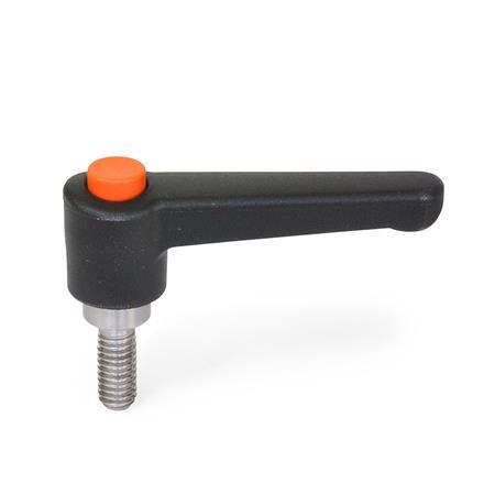 WN 304.1 Nylon Plastic Straight Adjustable Levers with Push Button, Threaded Stud Type, with Stainless Steel Components Lever color: SW - Black, RAL 9005, textured finish
Push button color: O - Orange, RAL 2004