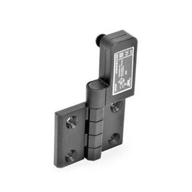 EN 239.4 Technopolymer Plastic Hinges with Integrated Switch, with Connector Plug Identification: SR - Bores for contersunk screw, switch right<br />Type: CS - Connector plug at the backside
