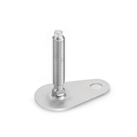 GN 43 Metric Thread, Stainless Steel Leveling Feet, Tapped Socket or Threaded Stud Type, with Mounting Hole, Teardrop Shape Type (Base): D0 - Without rubber pad / cap
Version (Stud / Socket): V - Without nut, external hex at the top, wrench flat at the bottom