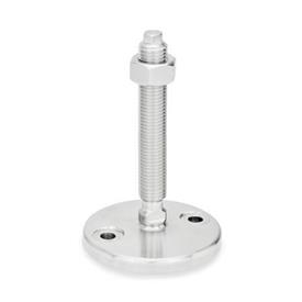 GN 23 Metric Thread, Stainless Steel Leveling Feet, Tapped Socket or Threaded Stud Type, with Turned Base, with Mounting Holes Type (Base): D0 - Fine turned, without rubber pad<br />Version (Stud / Socket): VK - With nut, external hex at the top, wrench flat at the bottom