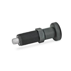 EN 617.2 Plastic Indexing Plungers, with Stainless Steel Plunger Pin, Lock-Out and Non Lock-Out Material: NI - Stainless steel<br />Type: B - Non lock-out, without lock nut