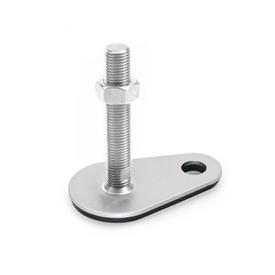 GN 45 Stainless Steel AISI 316L Leveling Feet, Threaded Stud Type, with Mounting Hole, Teardrop Shape Type (Base): D3 - With rubber pad, vulcanized, black<br />Version (Stud): TK - With nut, wrench flat at the bottom