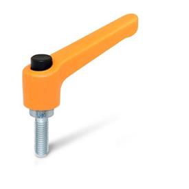 WN 303.2 Nylon Plastic Adjustable Levers, with Push Button, Threaded Stud Type, with Zinc Plated Steel Components Lever color: OS - Orange, RAL 2004, textured finish<br />Push button color: S - Black, RAL 9005