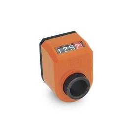 EN 954 Technopolymer Plastic Digital Position Indicators, 4 Digit Display, Steel Shaft Receptacle Installation (Front view): AN - On the chamfer, above<br />Color: OR - Orange, RAL 2004