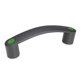EN 628.3 Technopolymer Plastic Flexible Bridge Handles, Ergostyle®, with Counterbored Mounting Holes Color of the cover caps: DGN - Green, RAL 6017, matte finish