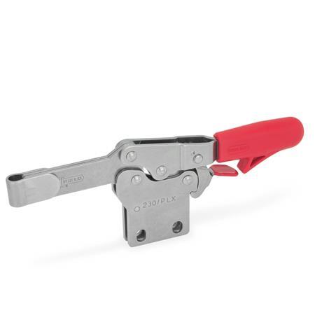 GN 820.4 Stainless Steel Horizontal Acting Toggle Clamps, with Safety Hook, with Vertical Mounting Base Material: NI - Stainless steel
Type: PL - Solid bar version, with weldable clasp