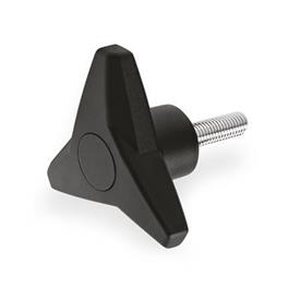 EN 533.6 Technopolymer Plastic Three-Lobed Knobs, with Steel Threaded Stud, Softline Color of the cover cap: DSW - Black, RAL 9005, matte finish