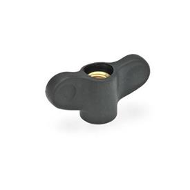 EN 640 Technopolymer Plastic Small Wing Nuts, with Brass Blind or Through Tapped Insert Type: D - With tapped through bore