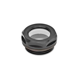 GN 743.1 Aluminum Fluid Sight Glasses, with ESG Safety Glass, Resistant up to 356 °F Type: BS - Without reflector, black anodized finish