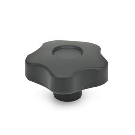 EN 5337.2 Technopolymer Plastic Five-Lobed Knobs, with Brass / Steel Tapped or Plain Blind Bore Insert Type: E - With cover cap (tapped blind bore)<br />Color of the cover cap: DSW - Black, RAL 9005, matte finish
