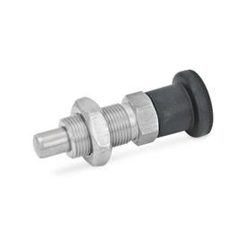 GN 817 Stainless Steel Indexing Plungers, Lock-Out and Non Lock-Out, with Multiple Pin Lengths Material: NI - Stainless steel<br />Type: BK - Non lock-out, with lock nut