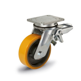 EN 22887 Steel Heavy Duty Casters, Polyurethane Wheel Tread, Cast Iron Wheel Core, Heavy Version Bearing type: K - Annular ball bearing<br />Bracket type: LF - Swivel bracket with mounting plate, with total lock brake<br />Coding: H - Heavy version<br />Bracket material: ST - Welded steel design