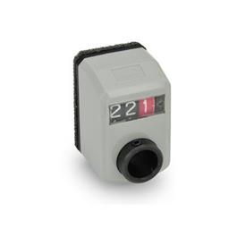 EN 955 Technopolymer Plastic Digital Position Indicators, 3 Digit Display, Steel Shaft Receptacle Installation (Front view): FN - In the front, above<br />Color: GR - Gray, RAL 7035
