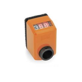 EN 955 Technopolymer Plastic Digital Position Indicators, 3 Digit Display, Steel Shaft Receptacle Installation (Front view): AN - On the chamfer, above<br />Color: OR - Orange, RAL 2004