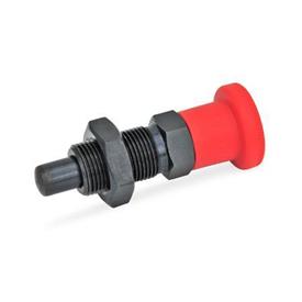 GN 817 Steel Indexing Plungers, Lock-Out and Non Lock-Out, with Multiple Pin Lengths, with Red Knob Type: BK - Non lock-out, with lock nut<br />Color: RT - Red, RAL 3000