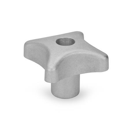 DIN 6335 Aluminum Hand Knobs, with Tapped or Plain Bore Type: D - With tapped through bore
Finish: MT - Matte, tumbled finish