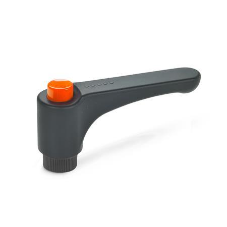 EN 600 Technopolymer Plastic Straight Adjustable Levers, with Push Button, Tapped Type, with Brass Components, Ergostyle® Color of the push button: DOR - Orange, RAL 2004, shiny finish