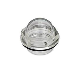 EN 546 Mirillas de líquido, de plástico cristal transparente, con forma de domo, sin anillo de marcado 