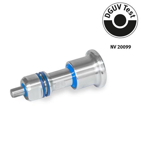 GN 8170 Stainless Steel Indexing Plungers, DGUV Certified, Lock-Out and Non Lock-Out, Hygienic Design Type: B - Non lock-out
Identification: VH - With sealing lock nut, knob and pin side in Hygienic Design