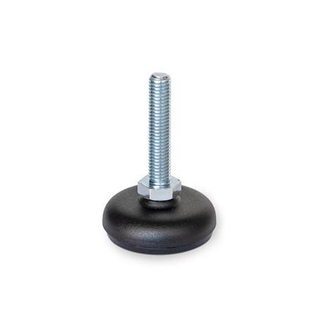 GN 30 Steel Sheet Metal Leveling Feet, Tapped Socket or Threaded Stud Type, with Rubber Pad Type (Base): A5 - Steel, black powder coated,  rubber pad inlay, black
Version (Stud / Socket): S - Without nut, external hex at the bottom