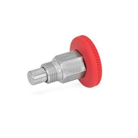 GN 822.1 Steel / Stainless Steel Mini Indexing Plungers, Lock-Out and Non Lock-Out, with Open Lock Mechanism, with Red Knob Type: B - Non lock-out<br />Material: NI - Stainless steel<br />Color: RT - Red, RAL 3000