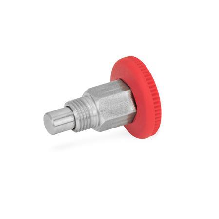 GN 822.1 Steel / Stainless Steel Mini Indexing Plungers, Lock-Out and Non Lock-Out, with Open Lock Mechanism, with Red Knob Type: B - Non lock-out
Material: NI - Stainless steel
Color: RT - Red, RAL 3000