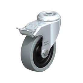  LKRA-VPA Rodajas giratorias de acero con ruedas de caucho gris de servicio ligero, montaje con agujero para perno o espárrago roscado, serie de soportes pesados Type: G-FI - Cojinete liso con freno «stop-fix»