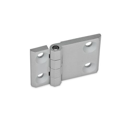 GN 237 Bisagras de zinc fundido a presión con ala de bisagra extendida Material: ZD - Zinc fundido a presión
Tipo: A - 2x2 orificios para tornillos avellanados
Acabado: SR - Plateado, RAL 9006, acabado texturizado
Scharnierflügel: l3 ≠ l4