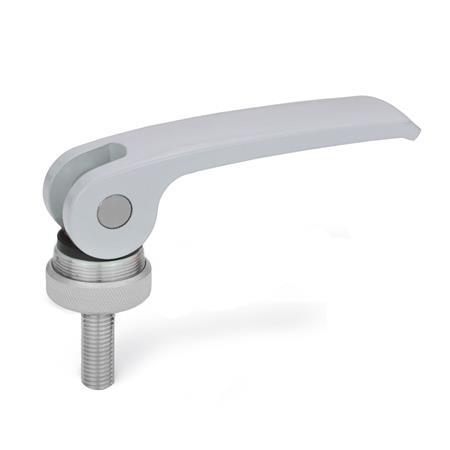 GN 927.4 Zinc Die-Cast Clamping Levers with Eccentrical Cam, Threaded Stud Type, with Stainless Steel Components Type: A - Plastic contact plate with setting nut
Color: S - Silver, RAL 9006