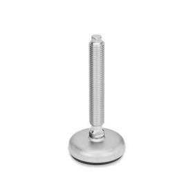 GN 31 Metric Thread, Stainless Steel Leveling Feet, Tapped Socket or Threaded Stud Type, with Rubber Pad Type (Base): B1 - Matte shot-blasted finish, rubber pad inlay, black<br />Version (Stud / Socket): V - Without nut, external hex at the top, wrench flat at the bottom