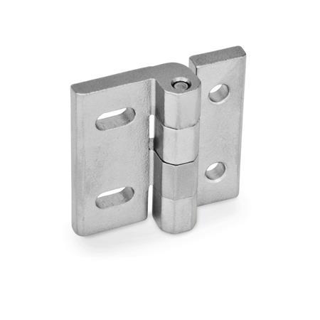 GN 235 Stainless Steel Hinges, Adjustable Material: NI - Stainless steel
Type: DB - With through holes and horizontal slots
Finish: GS - Matte shot-blasted finish