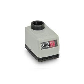 EN 955 Technopolymer Plastic Digital Position Indicators, 3 Digit Display, Steel Shaft Receptacle Installation (Front view): AR - On the chamfer, below<br />Color: GR - Gray, RAL 7035