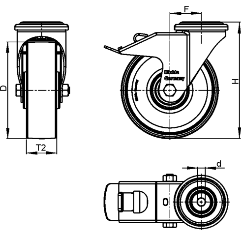  LKRXA-TPA Rodajas giratorias de acero inoxidable de servicio ligero, con ruedas de caucho termoplástico y ajuste con agujero para perno, serie de soportes pesados boceto