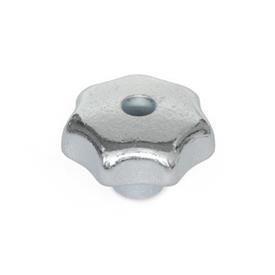 DIN 6336 Cast Iron Star Knobs, Zinc Plated, with Tapped Through or Tapped Blind Bore Material: GG - Cast iron<br />Type: D - With tapped through bore<br />Finish: ZB - Zinc plated, blue passivated finish