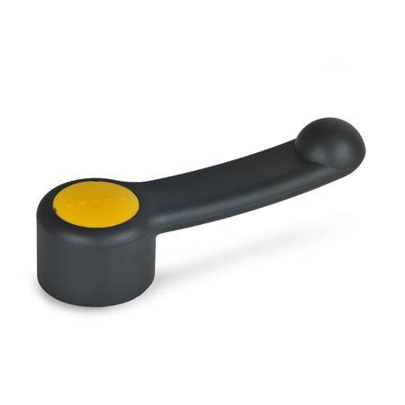 EN 623 Technopolymer Plastic Control Levers, Steel Hub, with Round or Square Through Bore or Keyway, Ergostyle® Color of the cover cap: DGB - Yellow, RAL 1021, matte finish