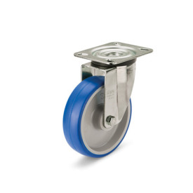 EN 22884 Steel / Stainless Steel Medium Duty Casters, Polyurethane Wheel Tread, Polyamide Wheel Core, Light Version Bearing type: G - Friction bearing<br />Bracket type: L - Swivel bracket with mounting plate<br />Coding: L - Light version<br />Bracket material: NI - Stainless steel sheet metal