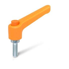 WN 303.2 Nylon Plastic Adjustable Levers, with Push Button, Threaded Stud Type, with Zinc Plated Steel Components Lever color: OS - Orange, RAL 2004, textured finish<br />Push button color: O - Orange, RAL 2004