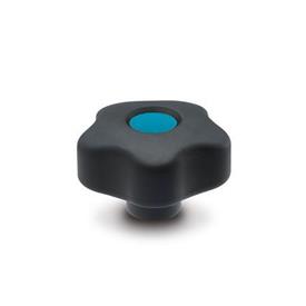 EN 5337.6 Technopolymer Plastic Five-Lobed Knobs, with Brass Tapped Insert with Colored Cover Caps, Softline Color of the cover cap: DBL - Blue, RAL 5024, matte finish