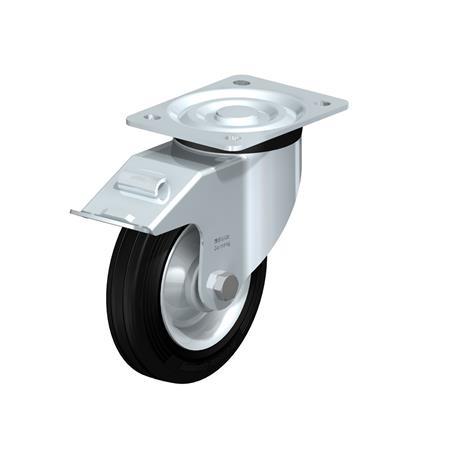 L-RD Heavy pressed steel Medium Duty Black Rubber Wheel Casters, with Plate Mounting Type: R-FI - Roller bearing with stop-fix brake